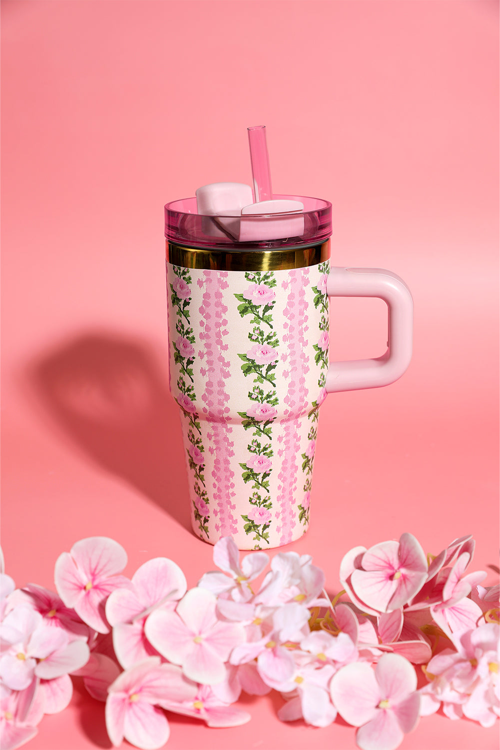Pink 14/20 OZ Dainty Floral Print Stainless Steel Tumbler with Straw