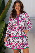 Purple Floral Print Contrast Striped Detail Long Sleeve Mini Dress
