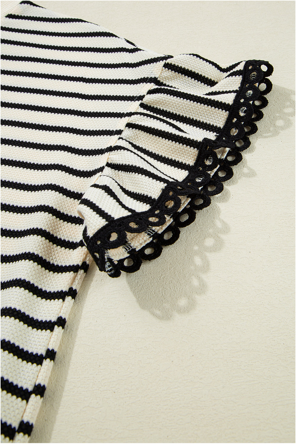 Black Stripe Scallop Lace Trim Ruffle Short Sleeves Crewneck Top