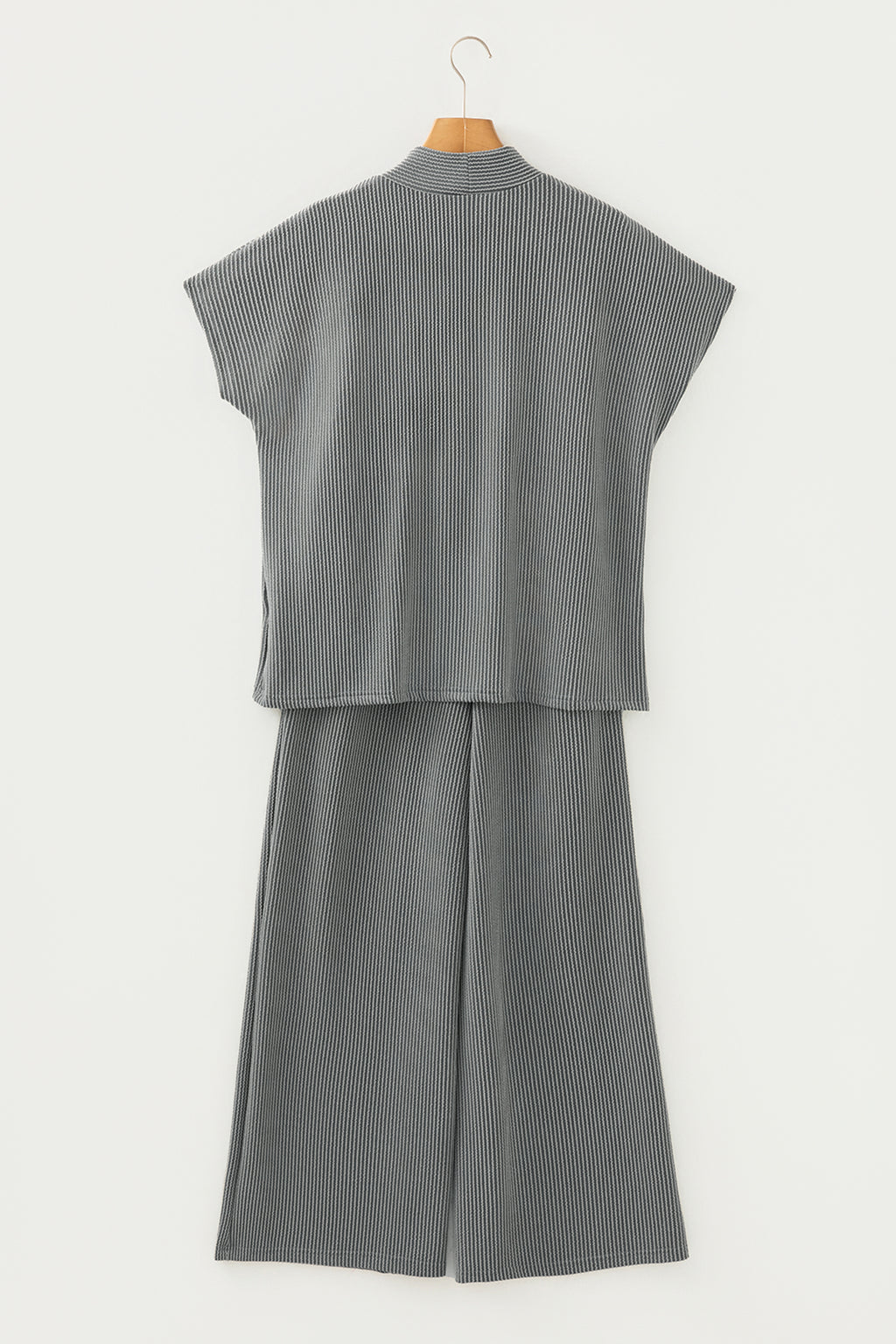 Dark Grey Twisted Ribbed High Neck Loose Tee Elastic High Waist Loose Pant Set