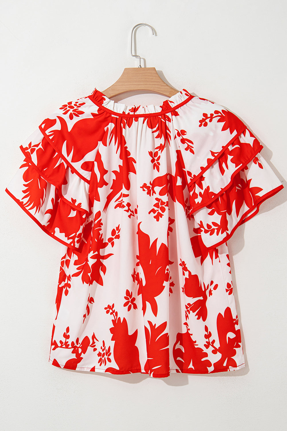 Red Plant Print Tiered Ruffled Sleeve V Neck Blouse
