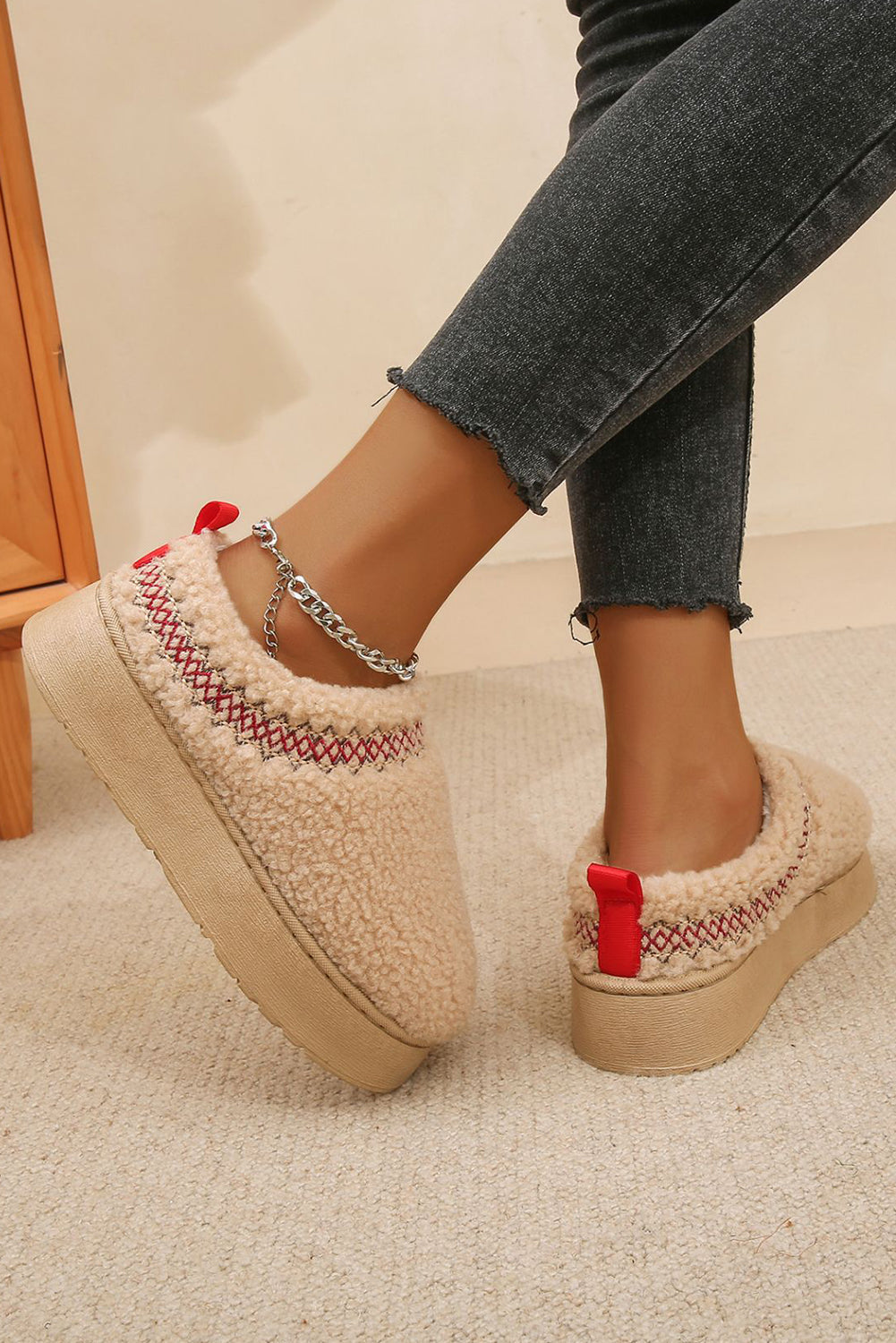Oatmeal Soft Plush Embroidered Detail Flat Platform Slippers