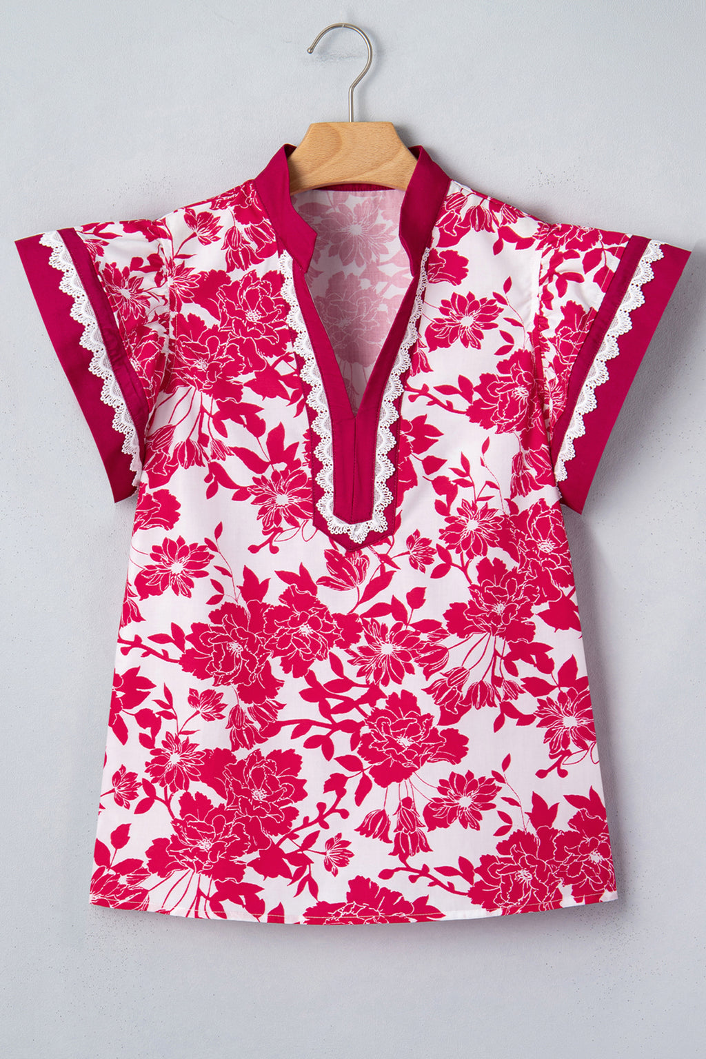 Red Floral Print Color Block Trim Lace Detail V Neck Flutter Sleeve Blouse