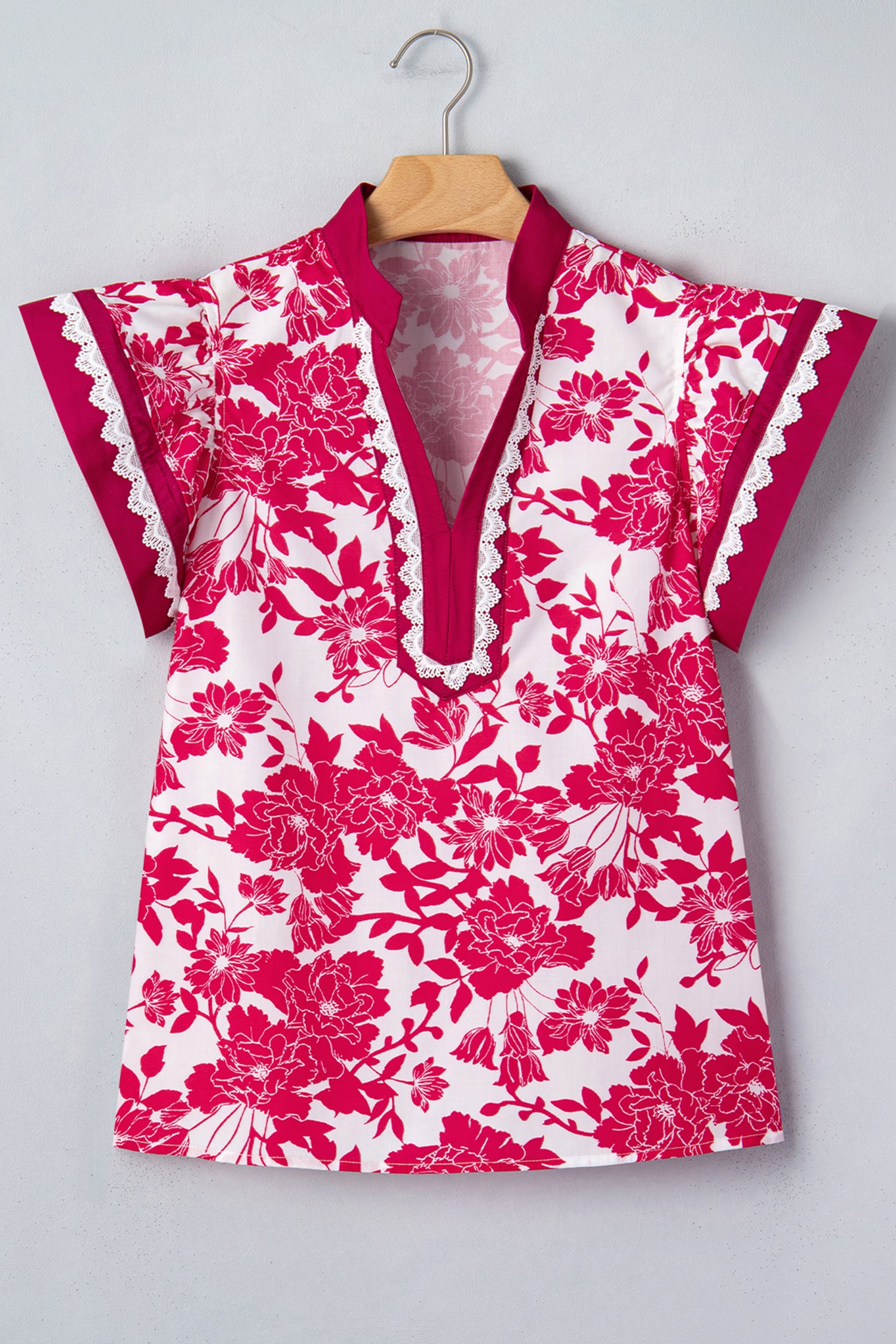 Red Floral Print Color Block Trim Lace Detail V Neck Flutter Sleeve Blouse
