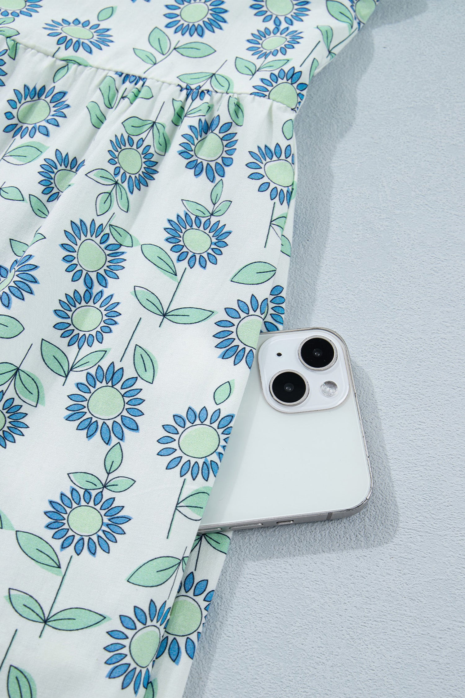 Sky Blue Cute Sunflower Printed Striped Patchwork Trim Flutter Sleeve Long Dress