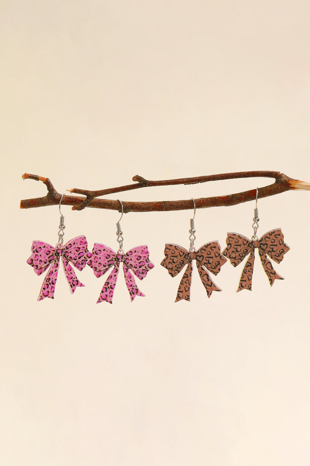 Bright Pink Stylish Leopard Printed Bow Stainless Hook Earrings