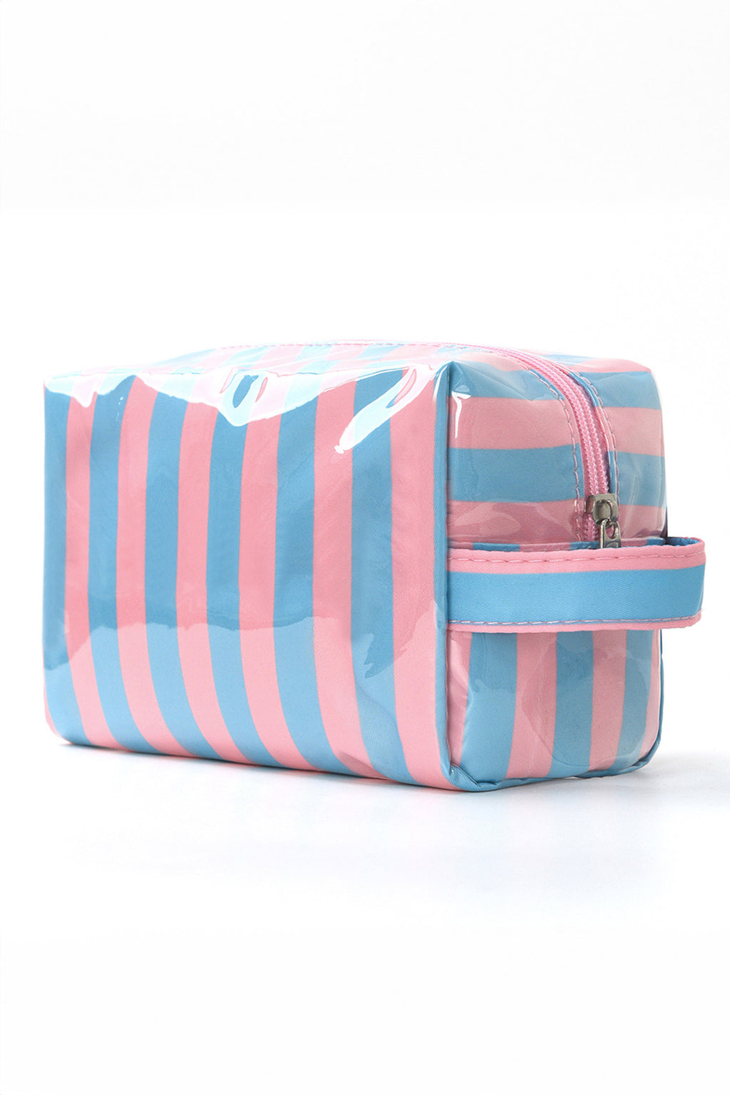 Dusk Blue PVC Striped Cosmetic Bag Durable Zipper Handle Travel Organizer