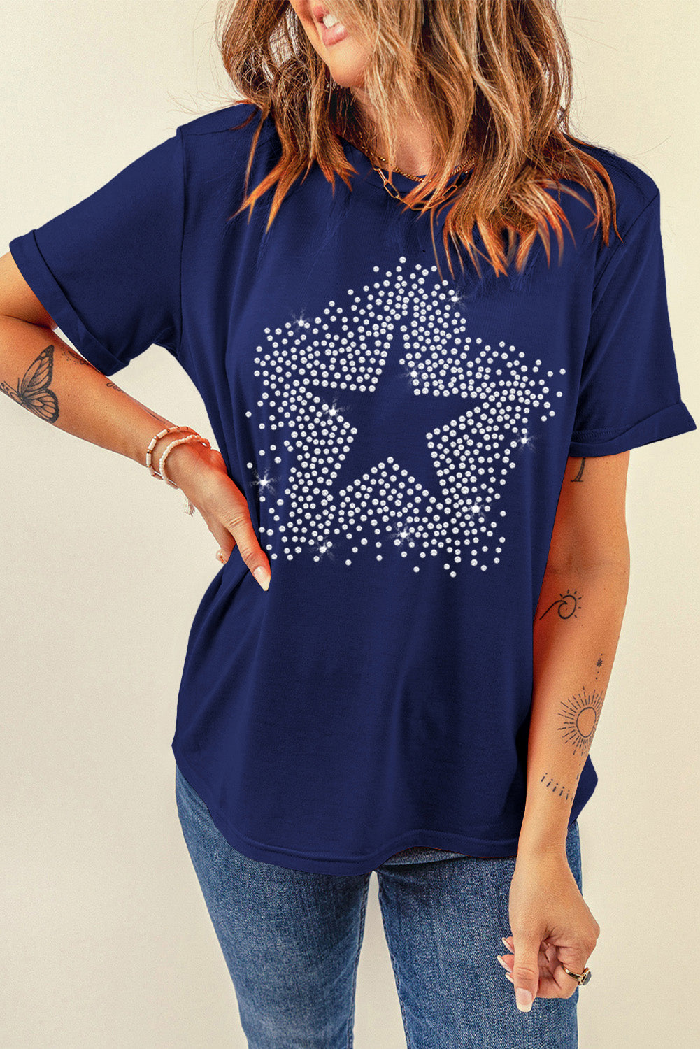 Blue Rhinestone Star Graphic Crewneck T Shirt