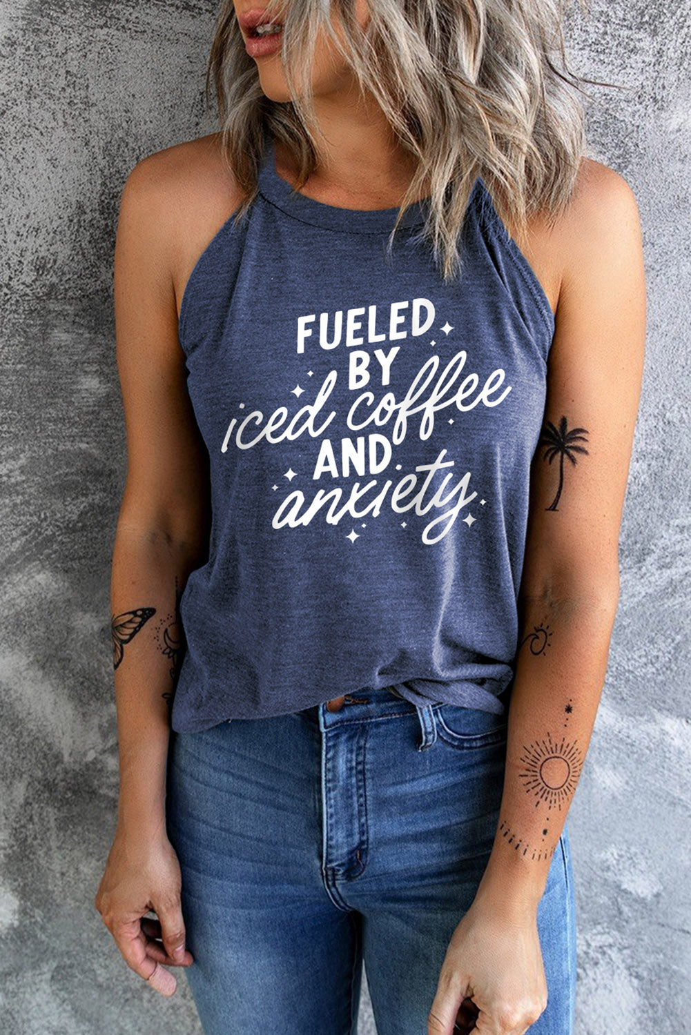 Blue Fueled By Iced Coffee and Anxiety Tank Top