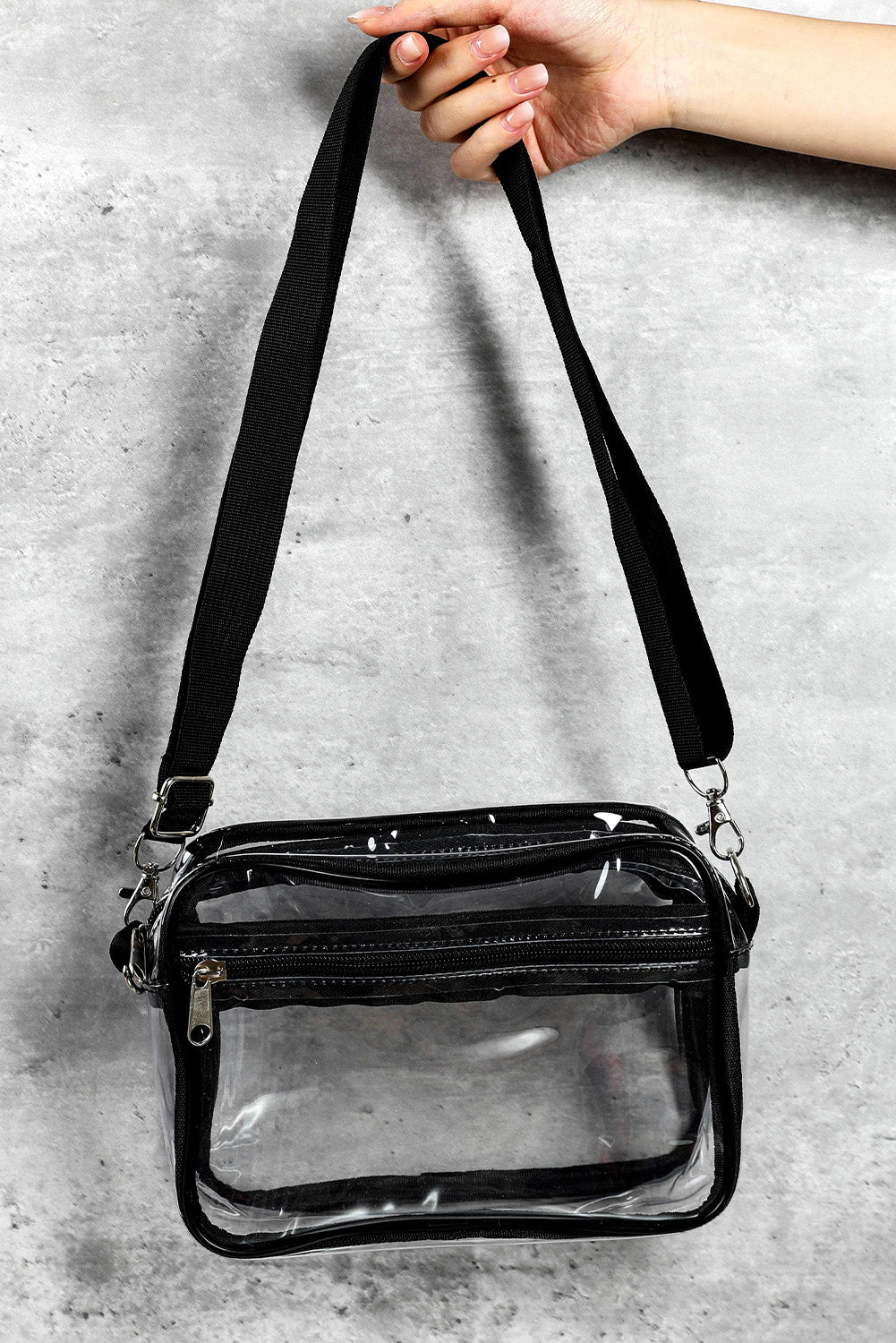 Black Multi-Pocket Contrast Edge Detachable Strap Clear Shoulder Bag