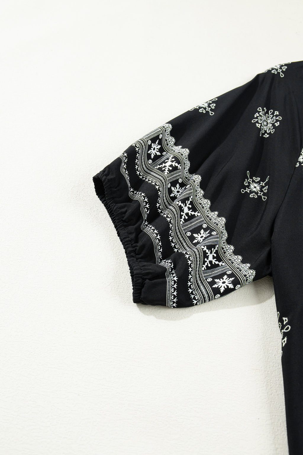 Black Boho Chic Notched V Neck Plus Floral Short Sleeve Top