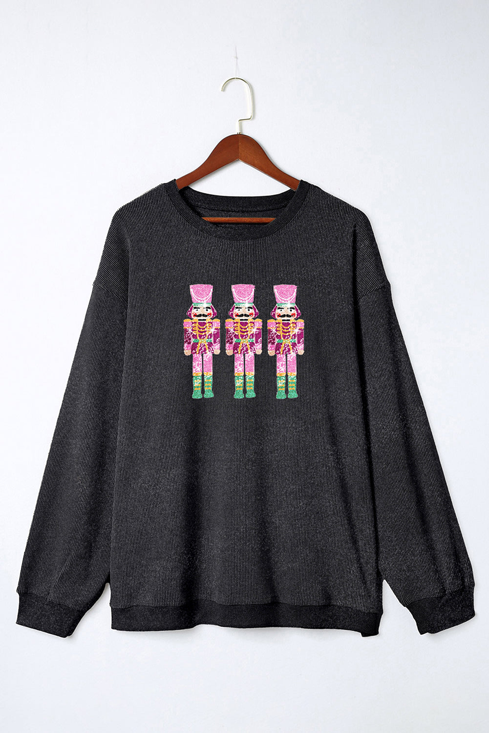 Black Sequined Nutcracker Graphic Plus Size Corded Sweatshirt