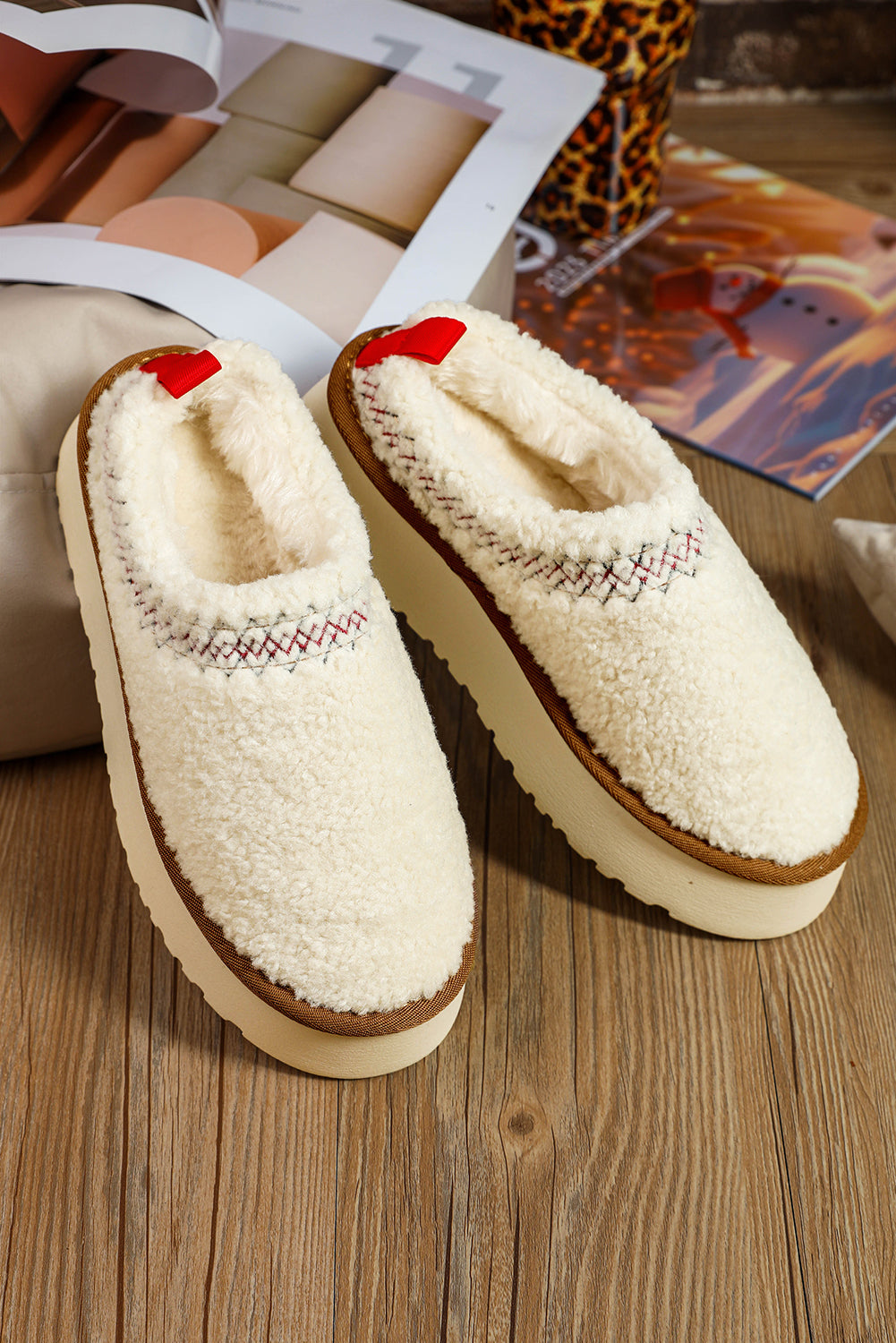 White Soft Plush Embroidered Detail Flat Platform Slippers