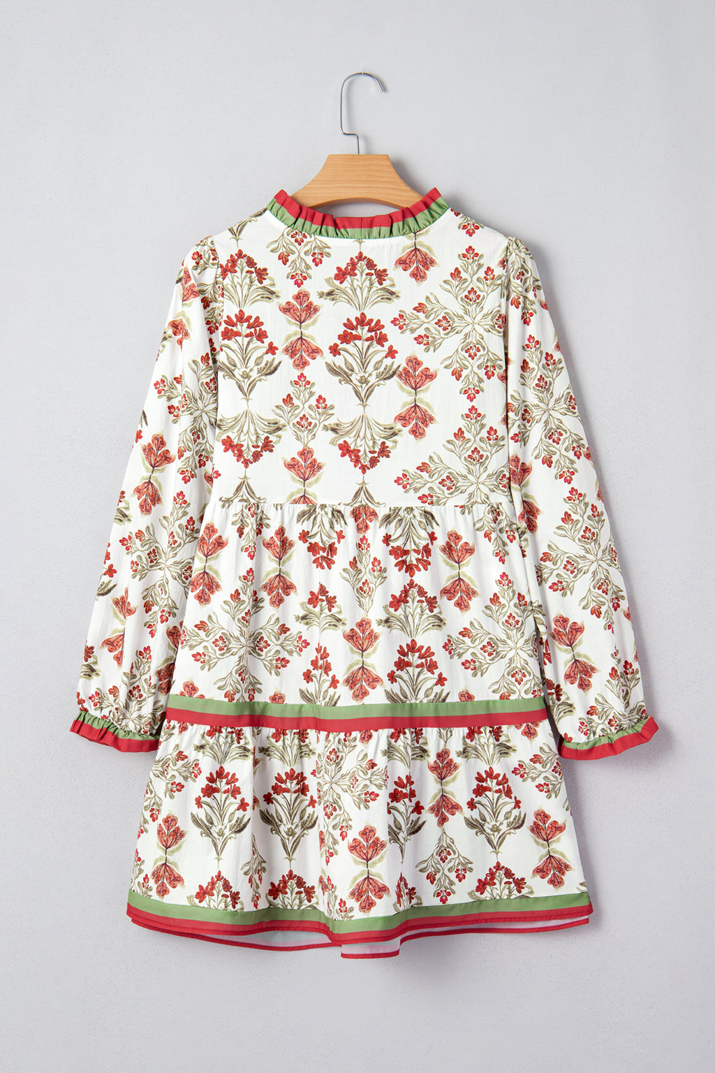 Pink Floral Print Contrast Trim Frilled Neck Long Sleeve Flared Dress