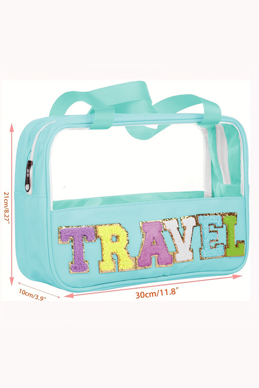 Mint Green TRAVEL Chenille Letter Clear PVC Makeup Bag