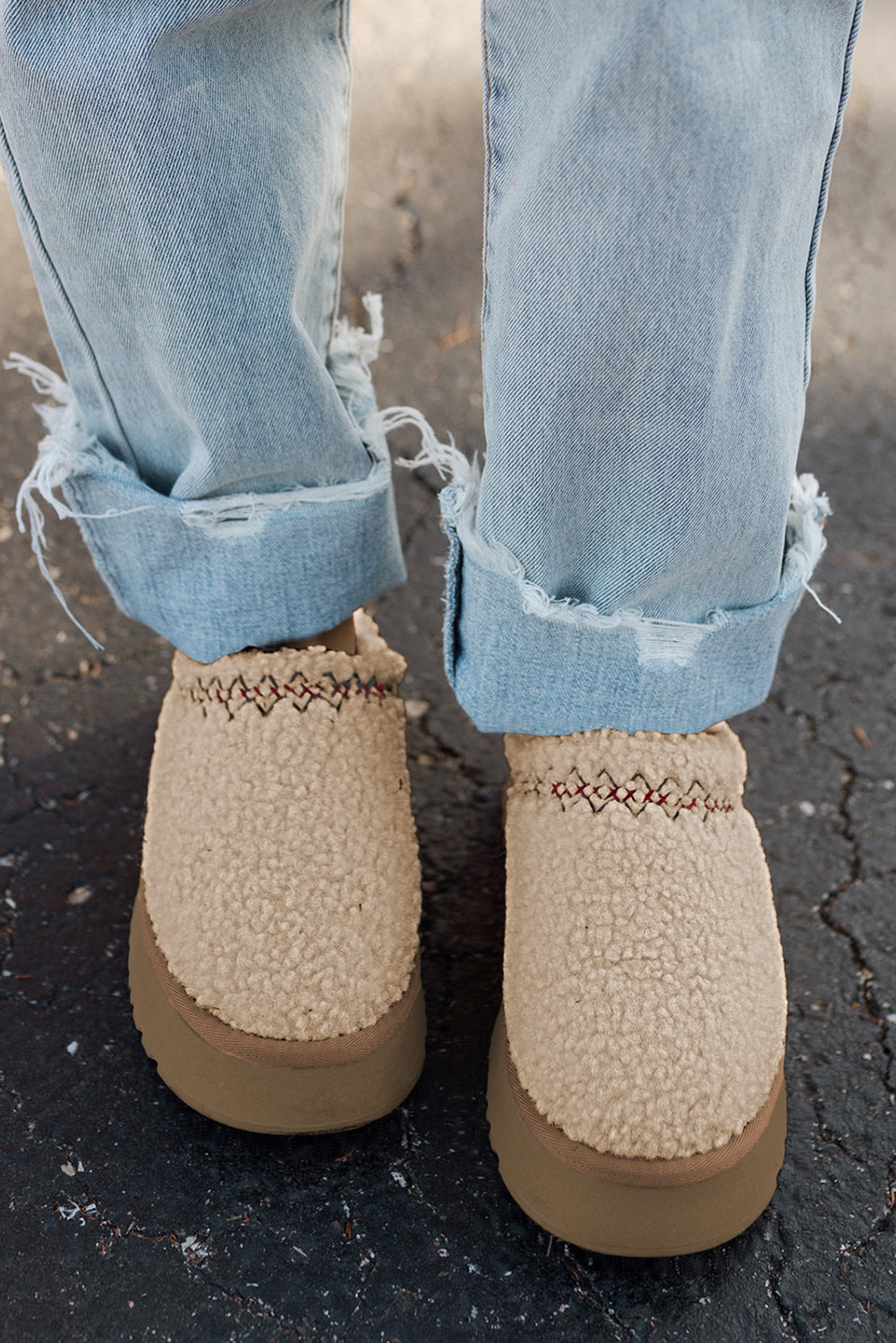 Oatmeal Soft Plush Embroidered Detail Flat Platform Slippers