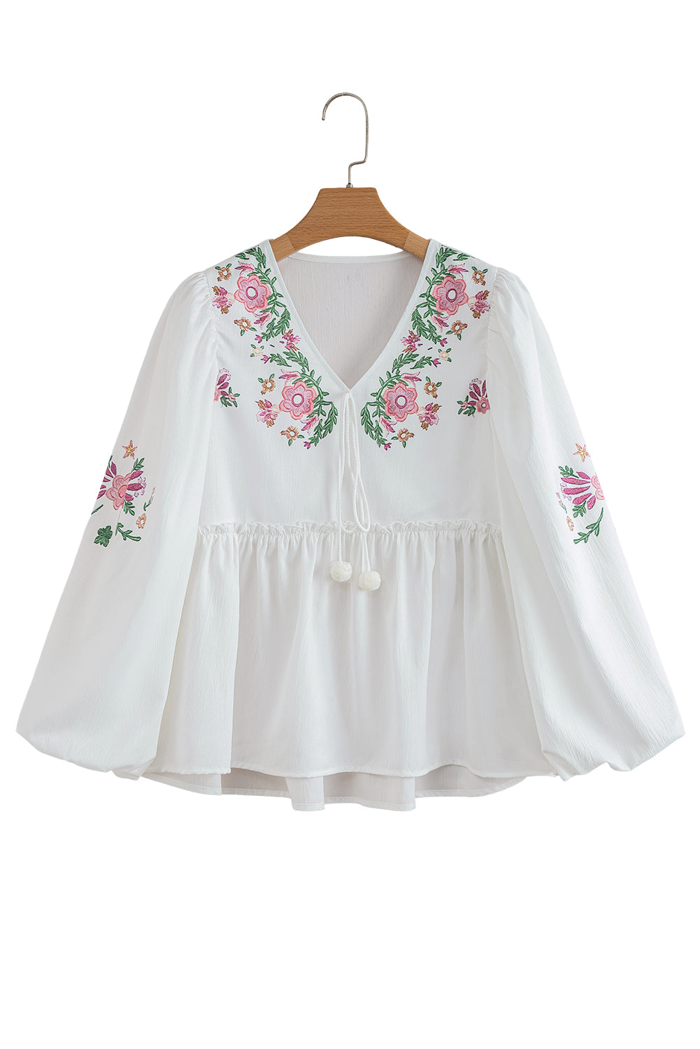 White Flower Print Lace-up V Neck Babydoll Blouse