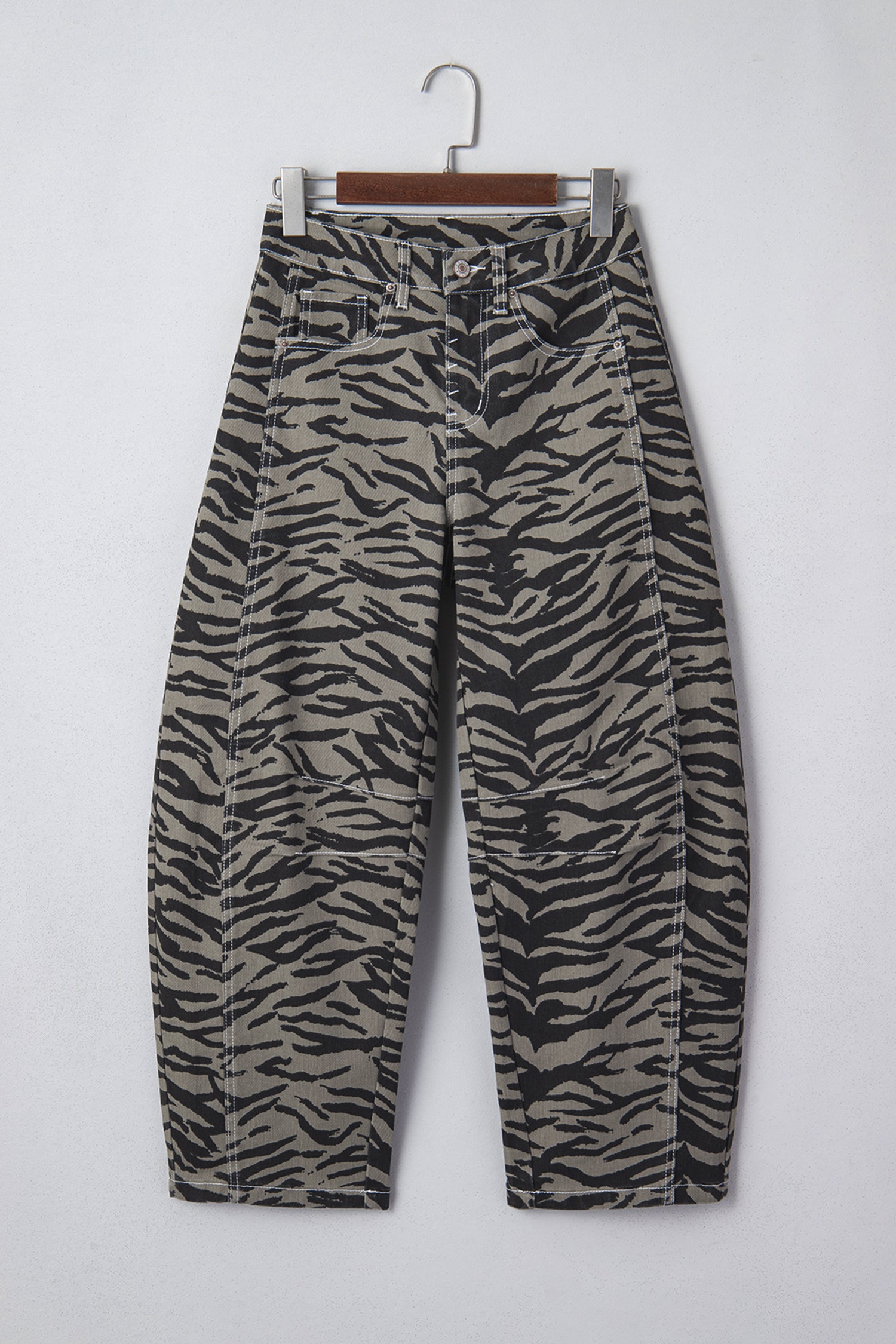 Gray Zebra Stripe Printed Wide Leg Barrel Jeans