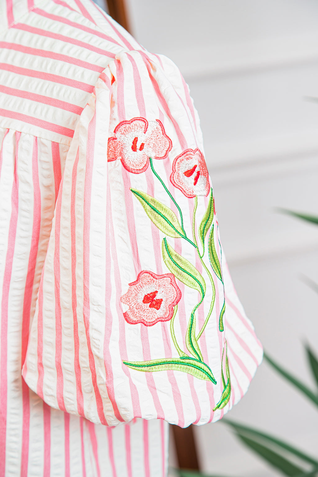 Pink Stripe Print Floral Embroidered Puff Sleeve V Neck Blouse