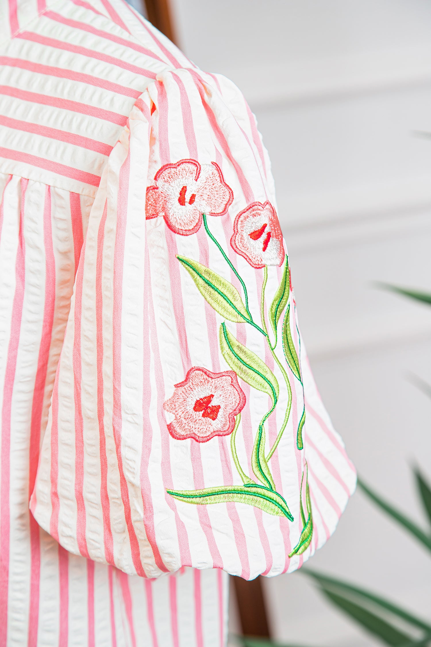 Pink Stripe Print Floral Embroidered Puff Sleeve V Neck Blouse