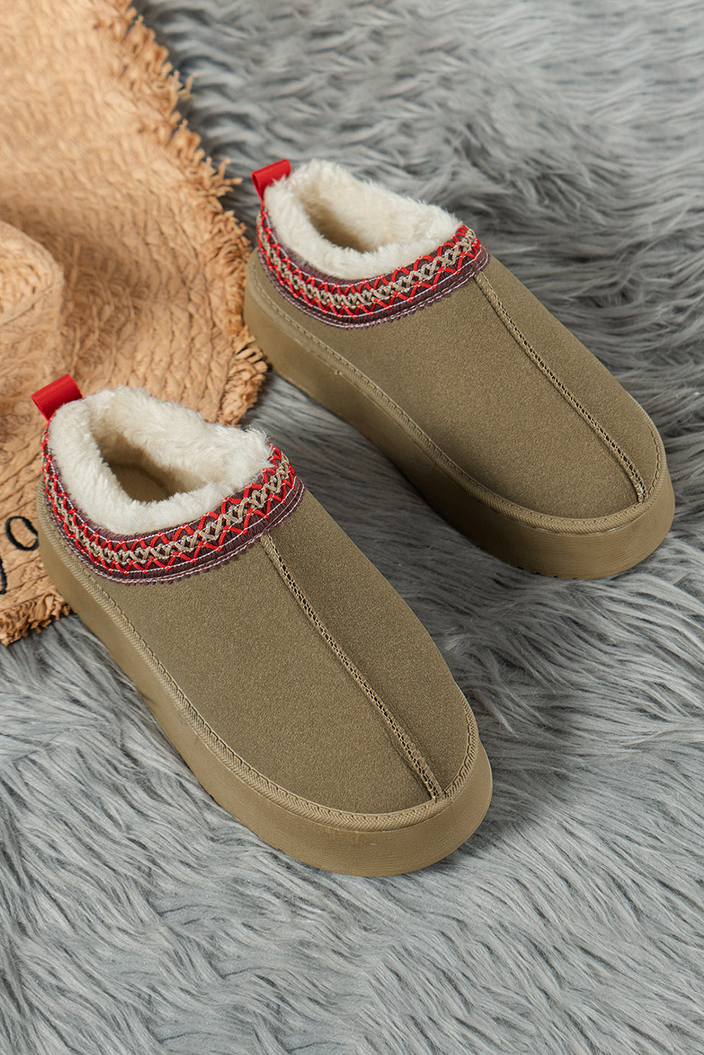 Sage Green Faux Suede Embroidered Detail Plush Lined Platform Slippers