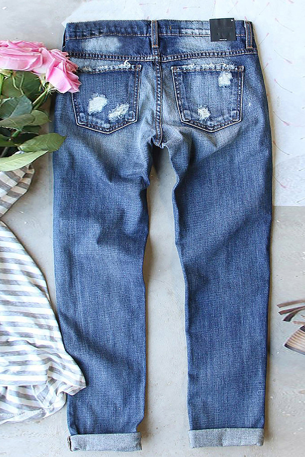 Sky Blue-15  American Flag Patched Distressed Jeans