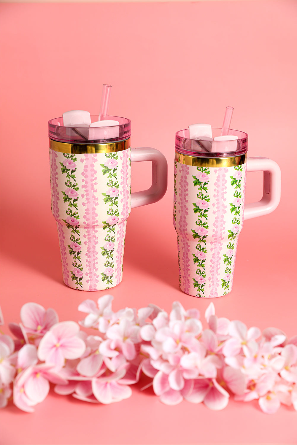 Pink 14/20 OZ Dainty Floral Print Stainless Steel Tumbler with Straw