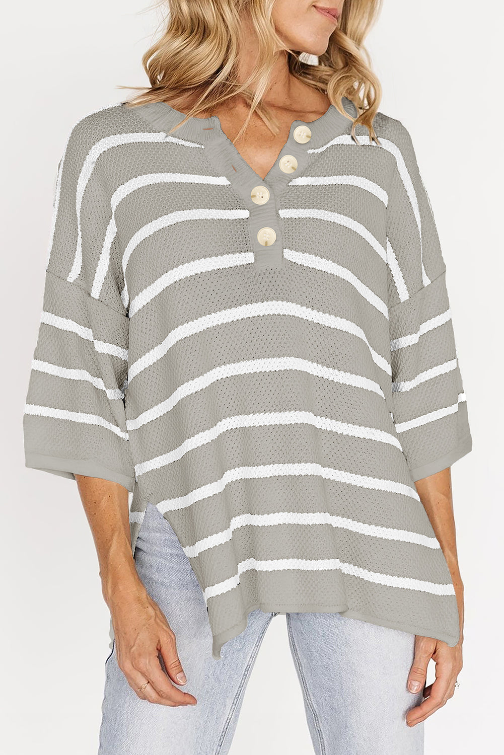 Gray Stripe Henley Buttoned Placket Drop Shoulder Bracelet Sleeve Knit Sweater Tee