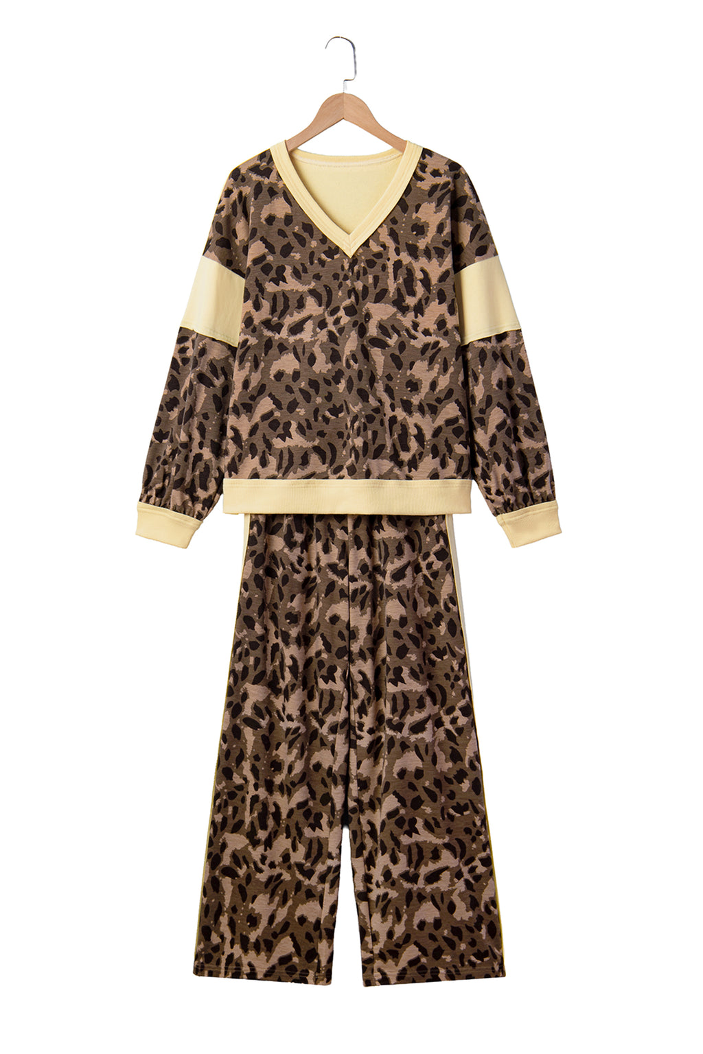 Brown Leopard Print Long Sleeve V-Neck Wide Leg Pant Set