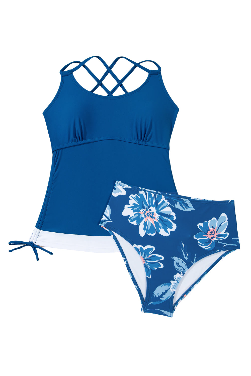 Prussian Blue Drawstring Tummy Control Mix-and-match 2pcs Tankini Swimsuit
