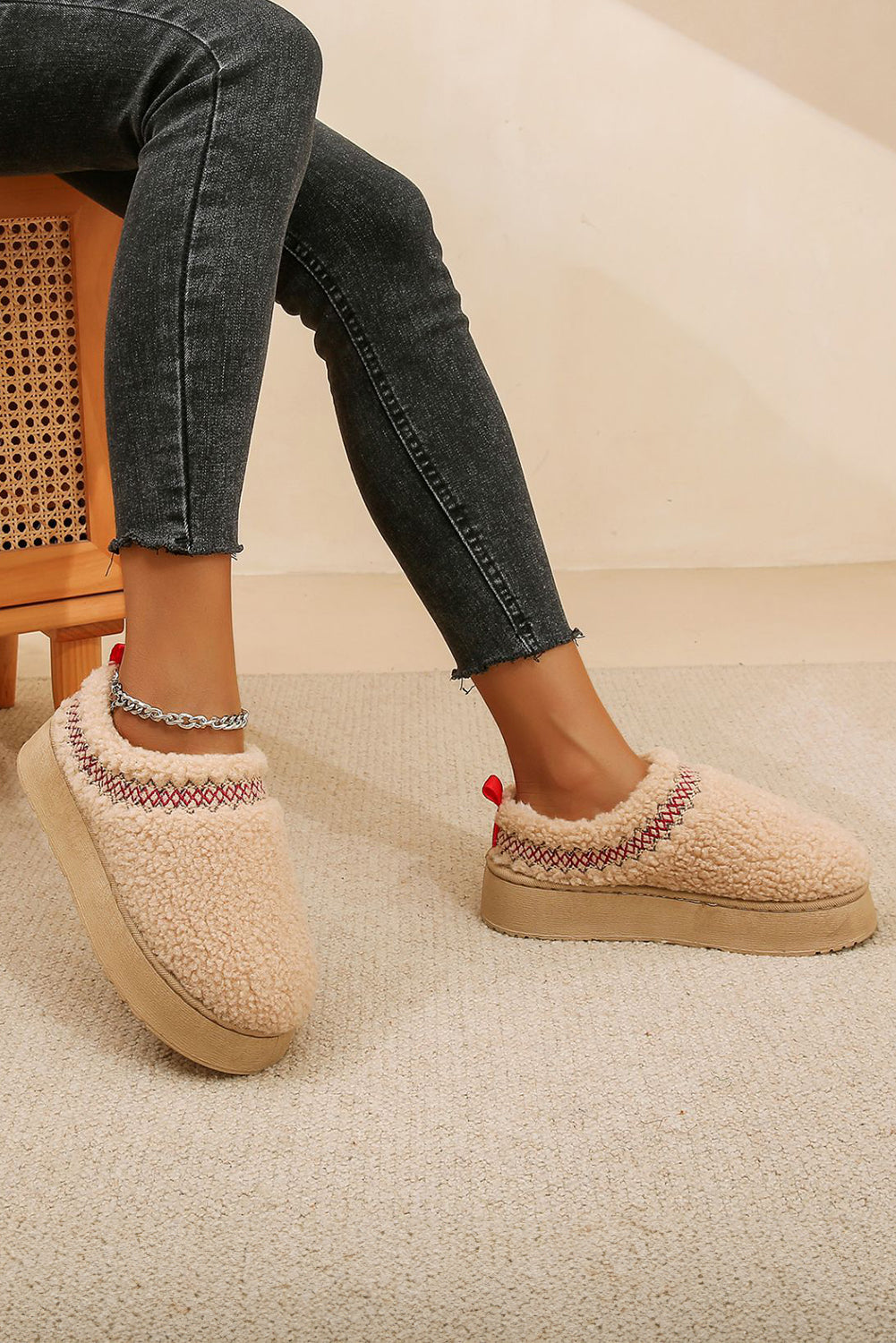 Oatmeal Soft Plush Embroidered Detail Flat Platform Slippers