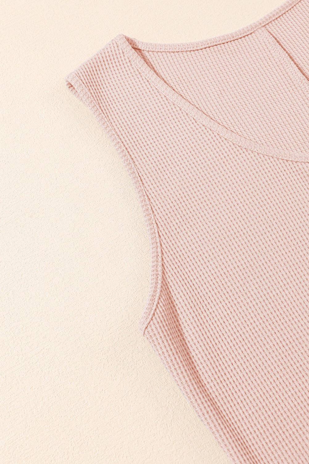 Light Pink Waffle Sleeveless U Neck Buttons Romper With Pockets