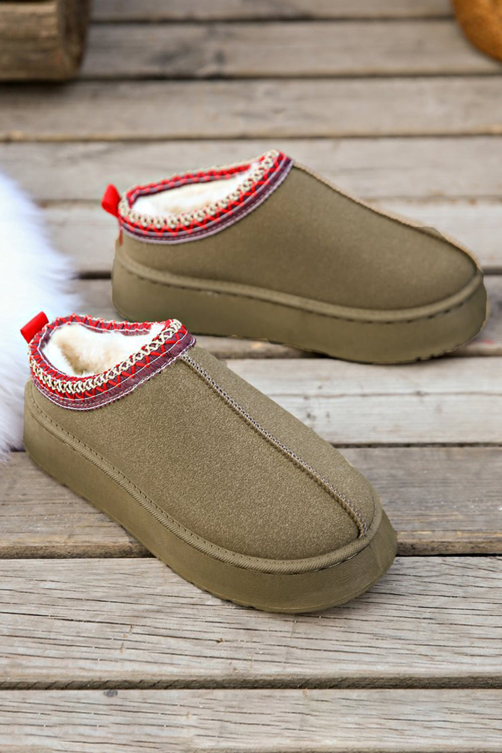 Sage Green Faux Suede Embroidered Detail Plush Lined Platform Slippers