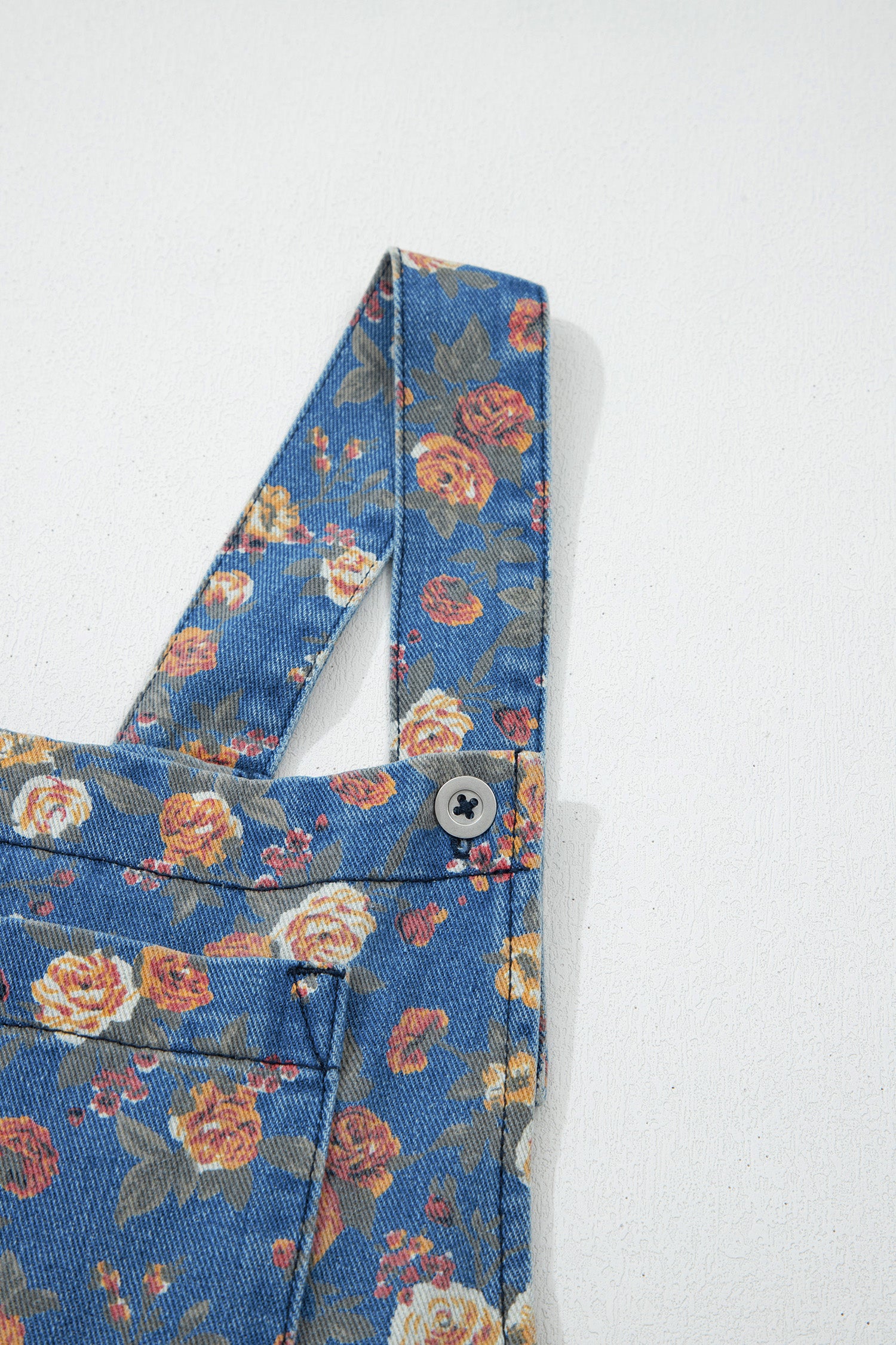 Blue Vintage Rose Printed Pleated Loose Denim Overall Jumpsuit
