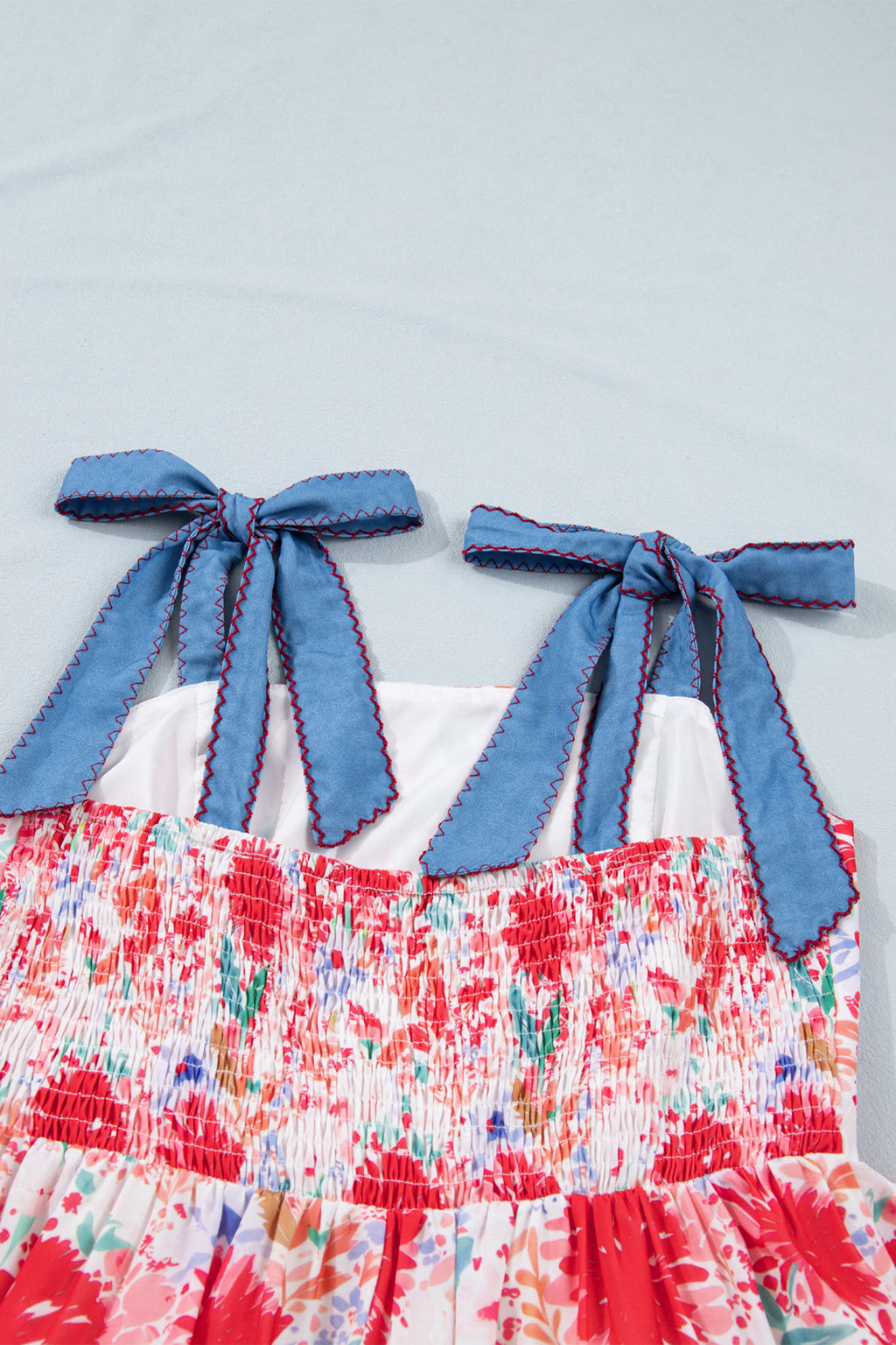 Red Floral Print Contrast Stitched Knot Denim Straps High Waist Dress