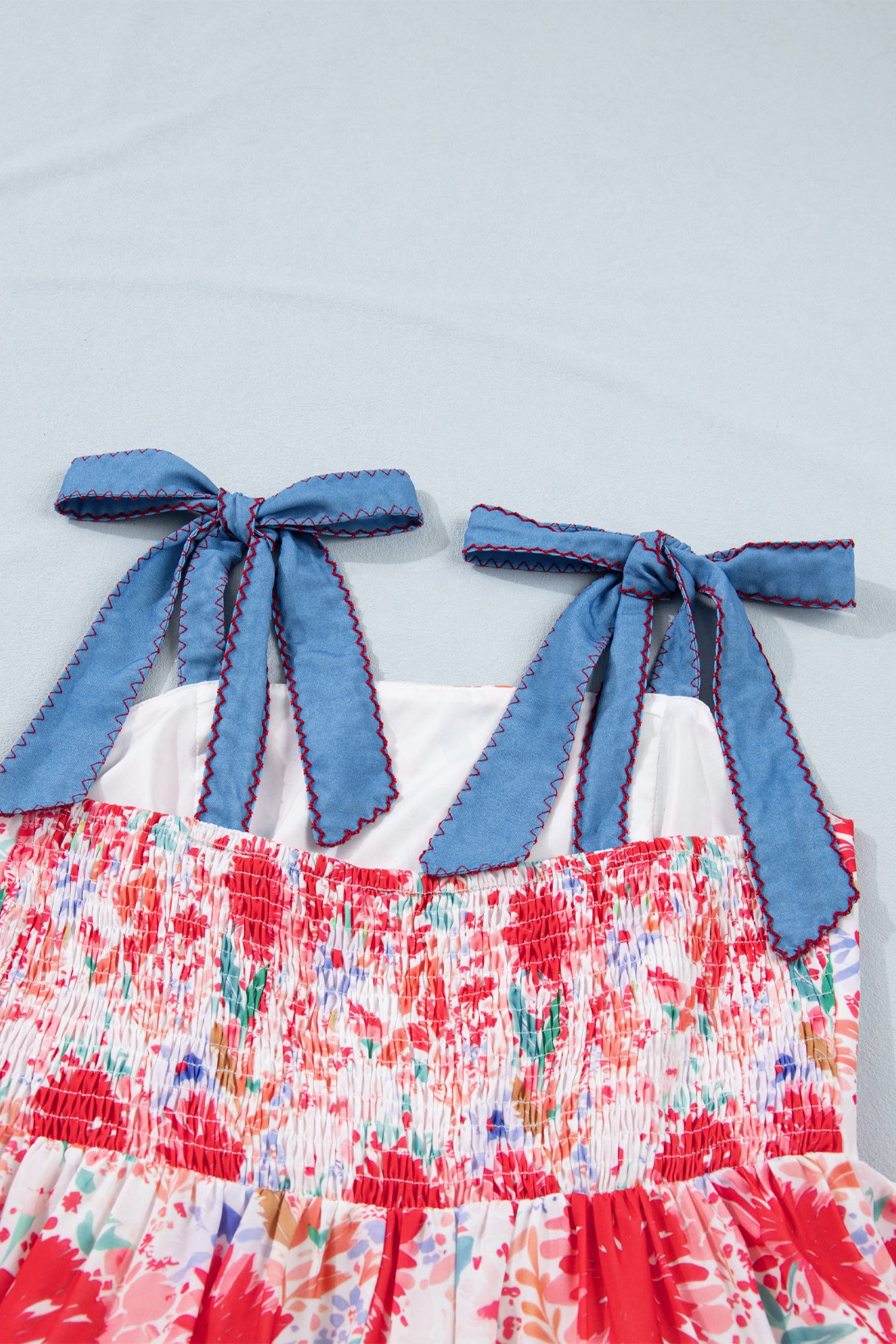 Red Floral Print Contrast Stitched Knot Denim Straps High Waist Dress