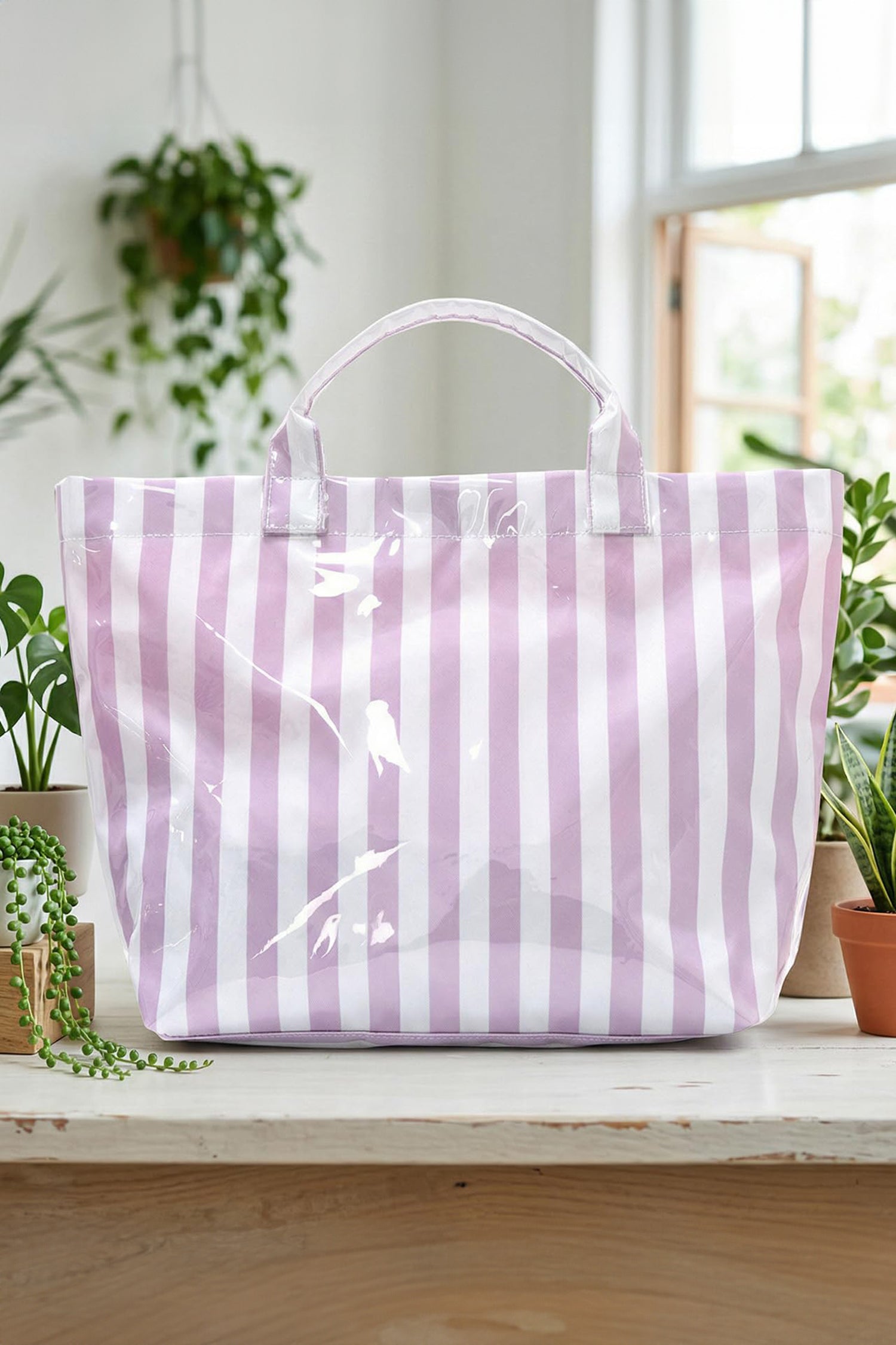 Wisteria Glossy Striped Vinyl Large Tote Bag (Color Varied)