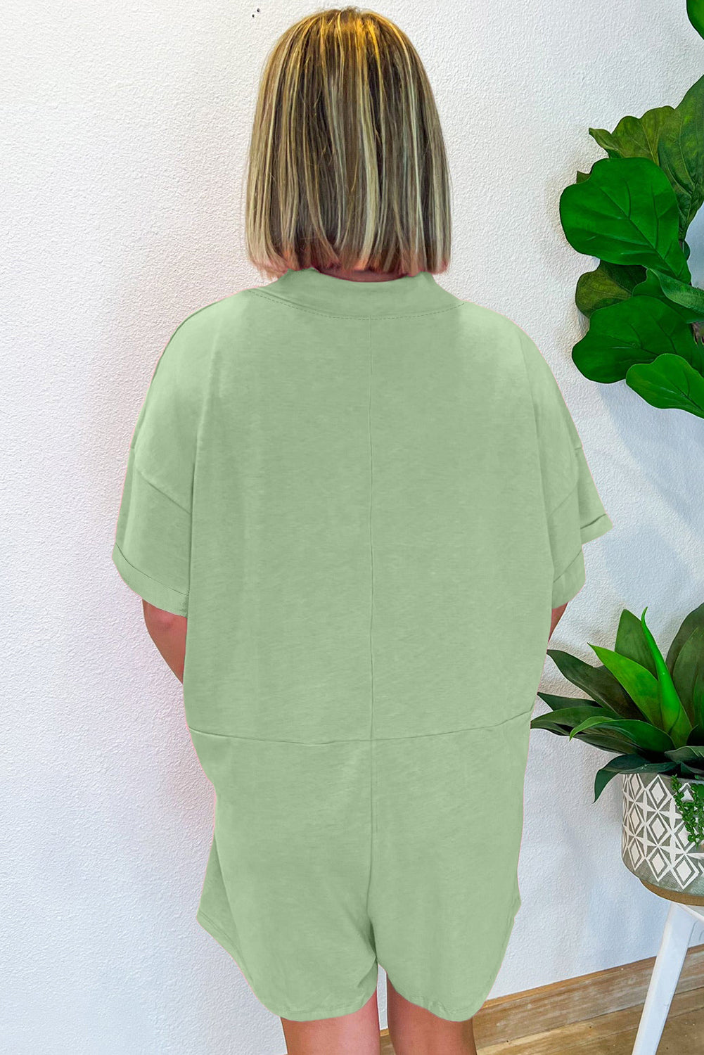 Grass Green Loose Half Sleeve V Neck Knit Romper