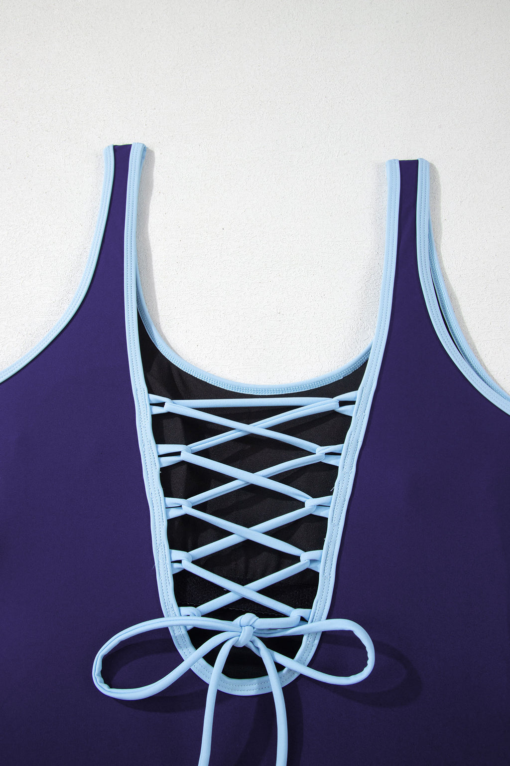 Navy Blue Contrast Trim Lace-up Back One Piece Swimsuit