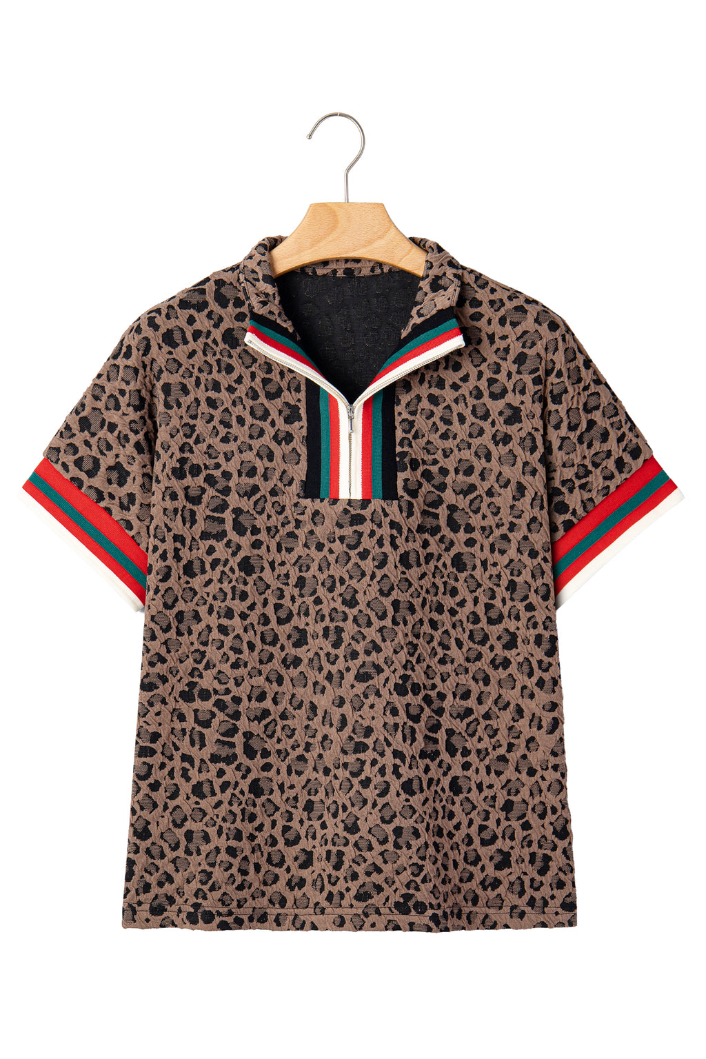 Brown Leopard Jacquard Striped Patchwork Half Zip Short Sleeve Blouse