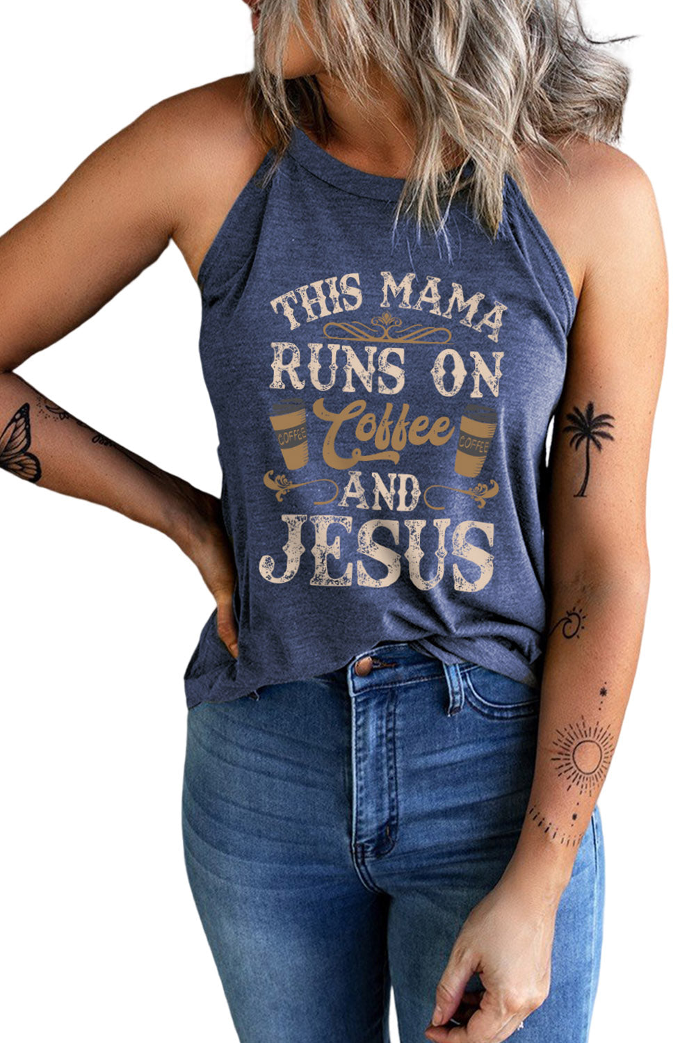 Blue THIS MAMA RUNS ON COFFEE AND JESUS Tank Top