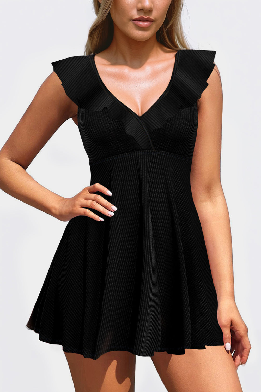 Black Textured Ruffle Trim V Neck Sleeveless One Piece Flared Swimdress