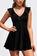 Black Textured Ruffle Trim V Neck Sleeveless One Piece Flared Swimdress