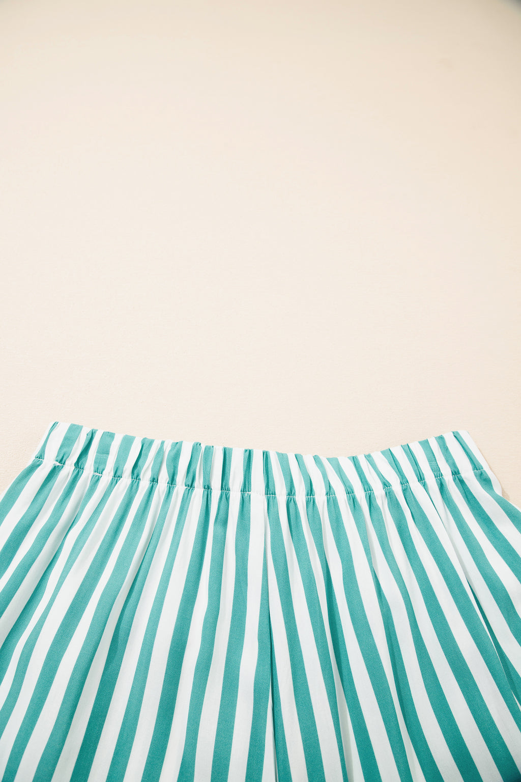 Green Stripe Contrast Ricrac Trim Long Sleeve Shirt Drawstring Ruffled Pajama Short Set