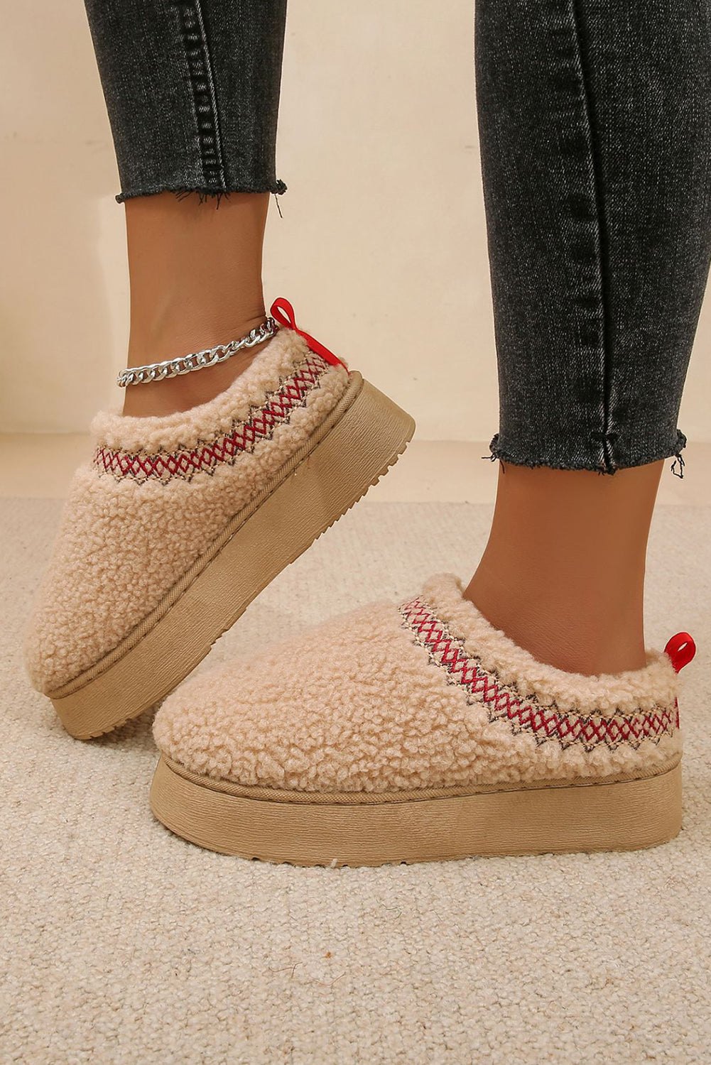 Oatmeal Soft Plush Embroidered Detail Flat Platform Slippers