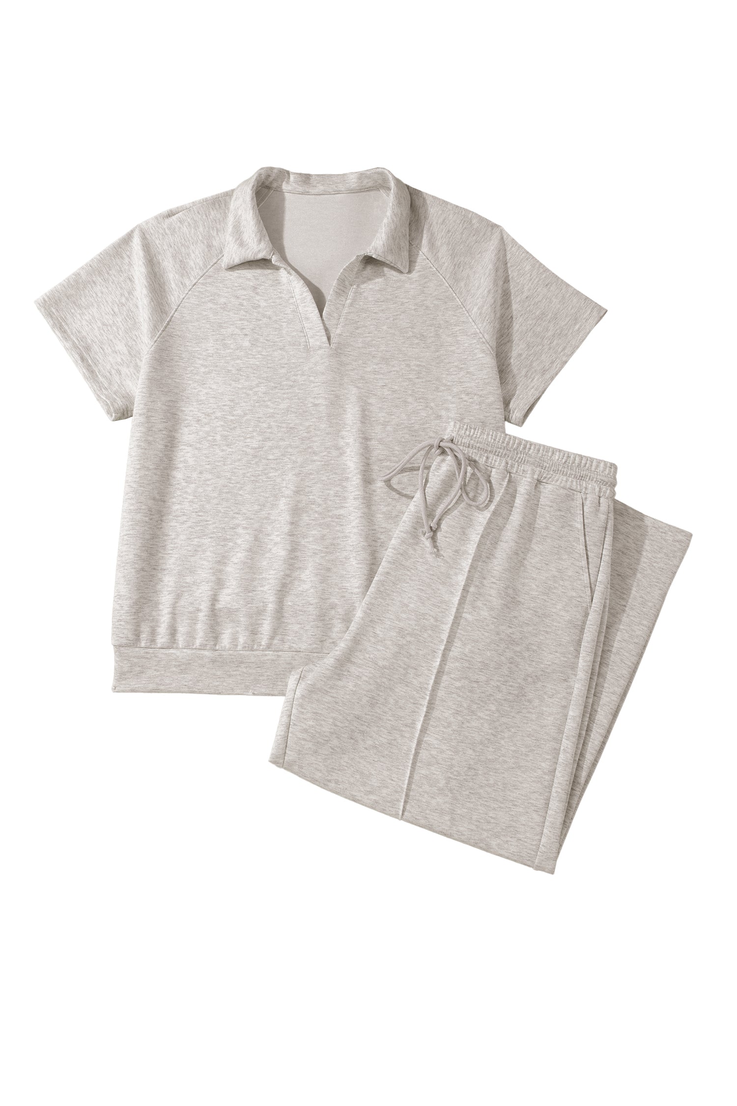 Light Grey Plus Size V Neck Polo Tee Drawstring Loose Pants 2pcs Set