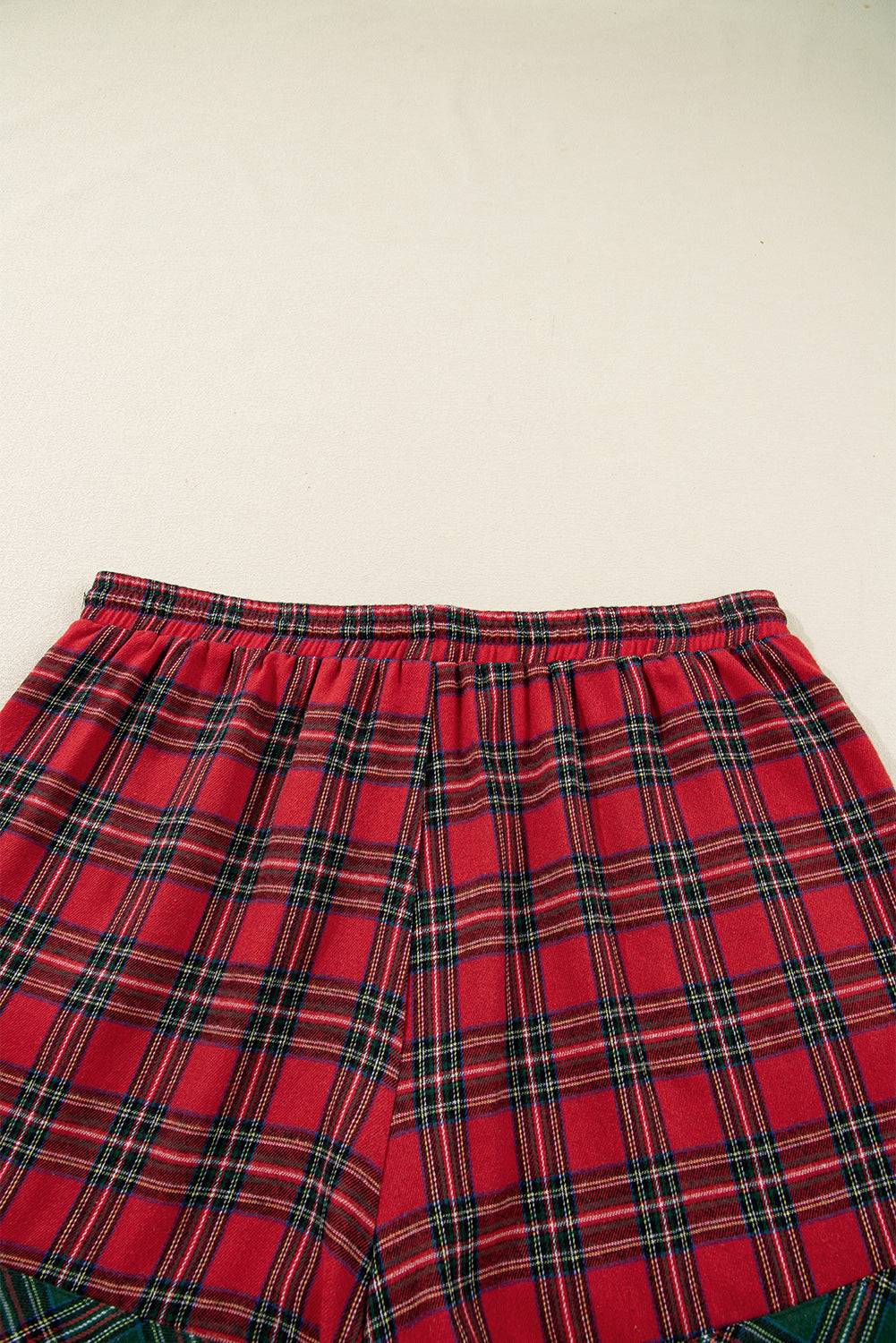 Red Plus Size Plaid Contrast Patchwork Long Sleeve Shirt and Shorts 2pcs Pajama Set