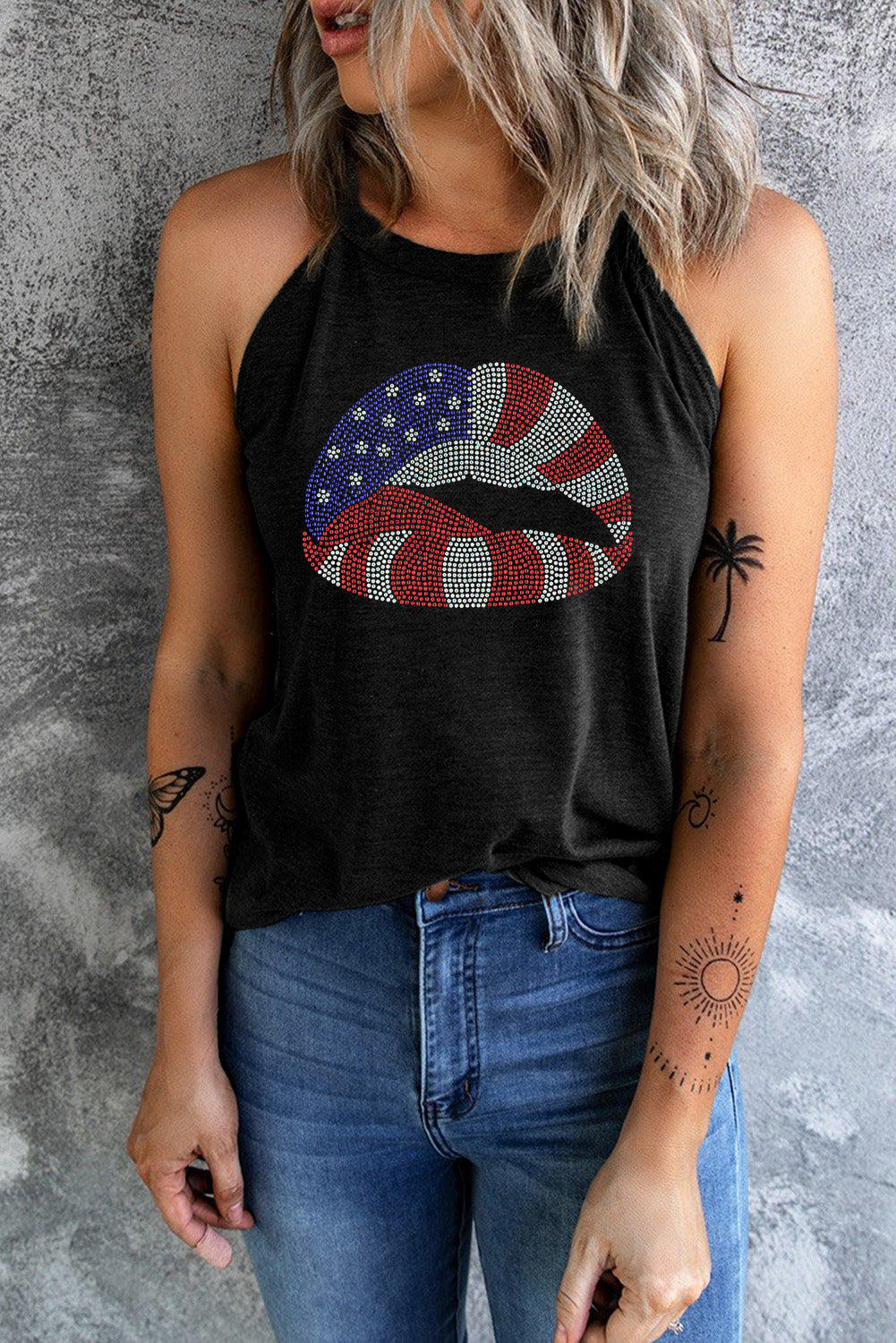 Black USA Flag Lips Graphic Tank Top