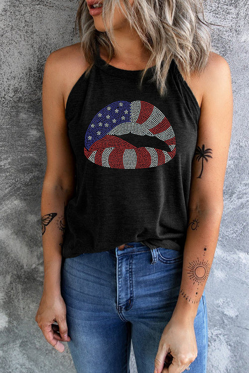 Black USA Flag Lips Graphic Tank Top