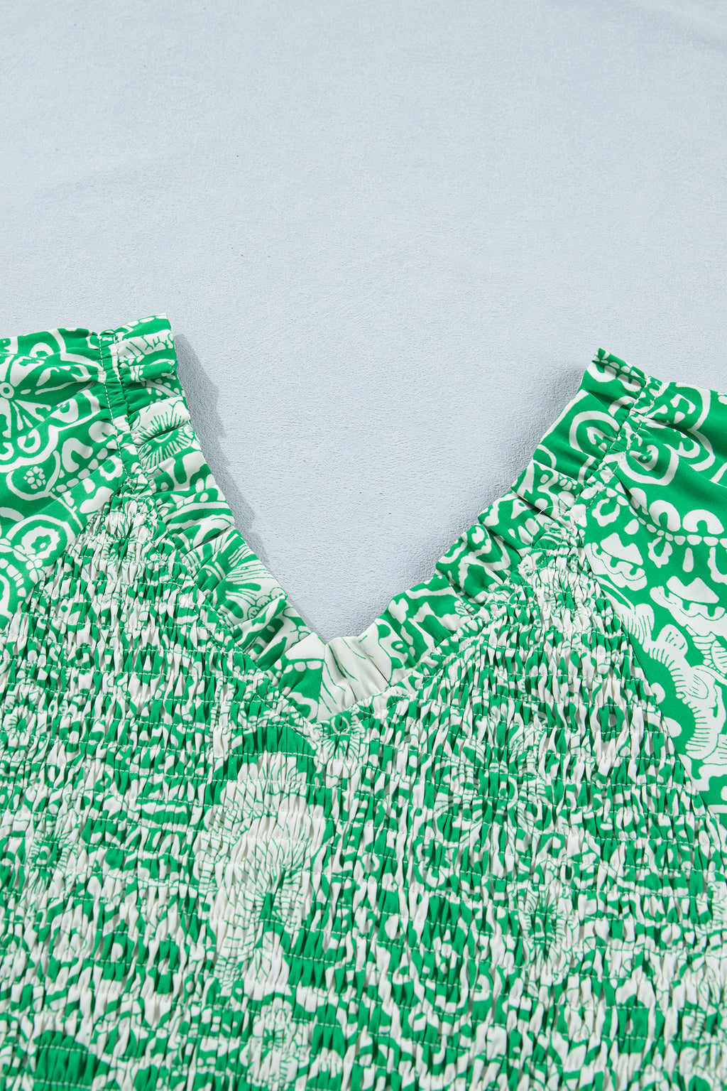 Green Flirty Floral Smocked V Neck Blouse